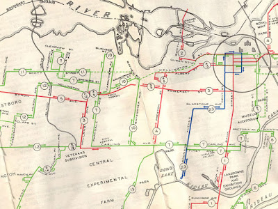 Crop of the 1951 Ottawa Transportation Commission transit system map, cropped to the Rideau Canal in the east, Sunnyside in the south, Churchill in the west, and the Ottawa River to the north. Only routes are drawn with street names labelled, no other streets are drawn. Arrows point the directions that vehicles run in, and turning loops are drawn at the end of streetcar/trolley bus routes.