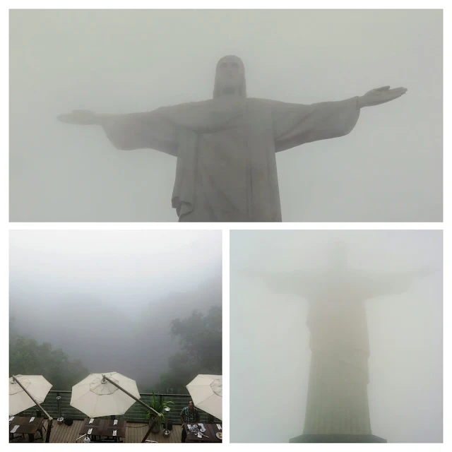 Collage of Christ the Redeemer covered in fog in Rio de Janeiro Brazil