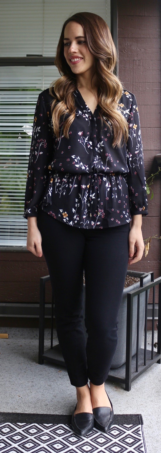 Jules in Flats - Dynamite Dark Floral Blouse, Old Navy Pixie Pants
