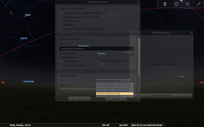 Stellarium mount configuration dialog box with communication menu shown