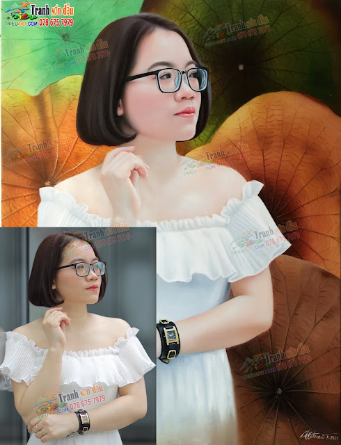 vẽ chân dung sơn dầu nghệ thuật nền lá sen