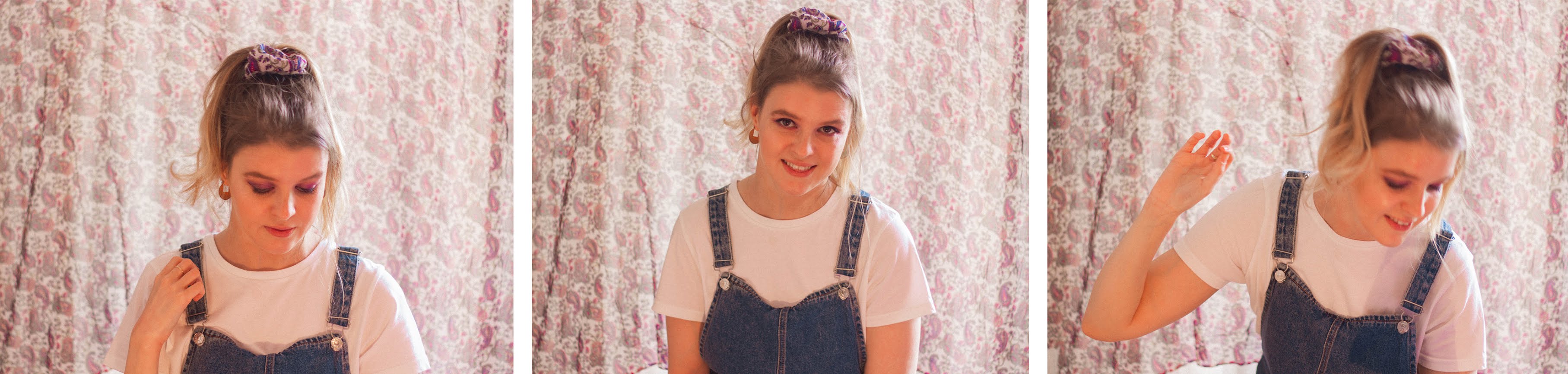 Girl wearing beautiful paisley print scrunchie from Etsy store Chloe Harriets Create.