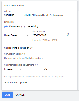 Create call extension for UDMIDEAS in Google Ad