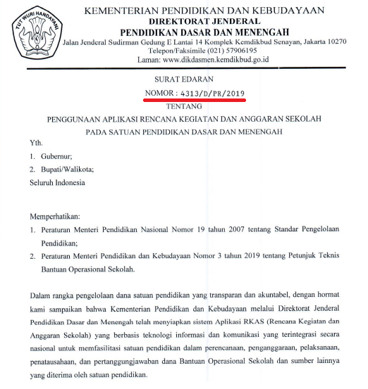 Surat Edaran Dirjen Dikdasmen tentang Aplikasi E RKAS Dikdasmen 2019/2020