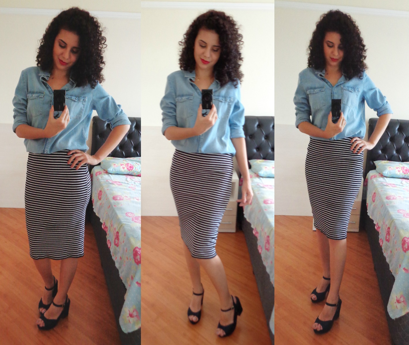 blusa jeans com saia midi