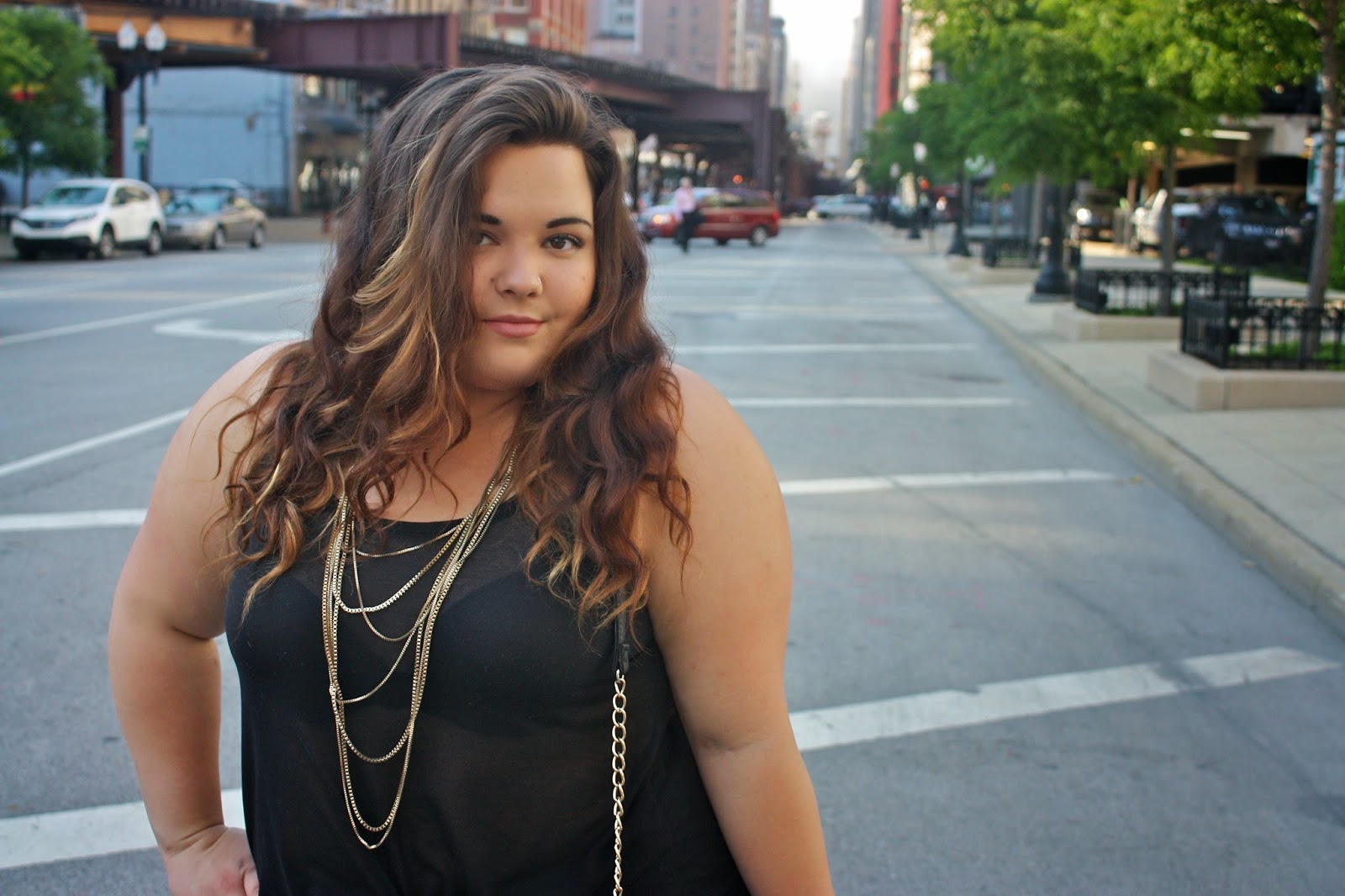 stylzoo, plus size fashion blogger, plus size fashion, Forever21, gold chain, see through, maxi skirt, stripes, summer fashion, natalie craig, natalie in the city, chicago, black ensemble, all black everything, plus size retailer, ootd, outfit of the day, spikes, clutch, H&M, curly hair, ombre hair