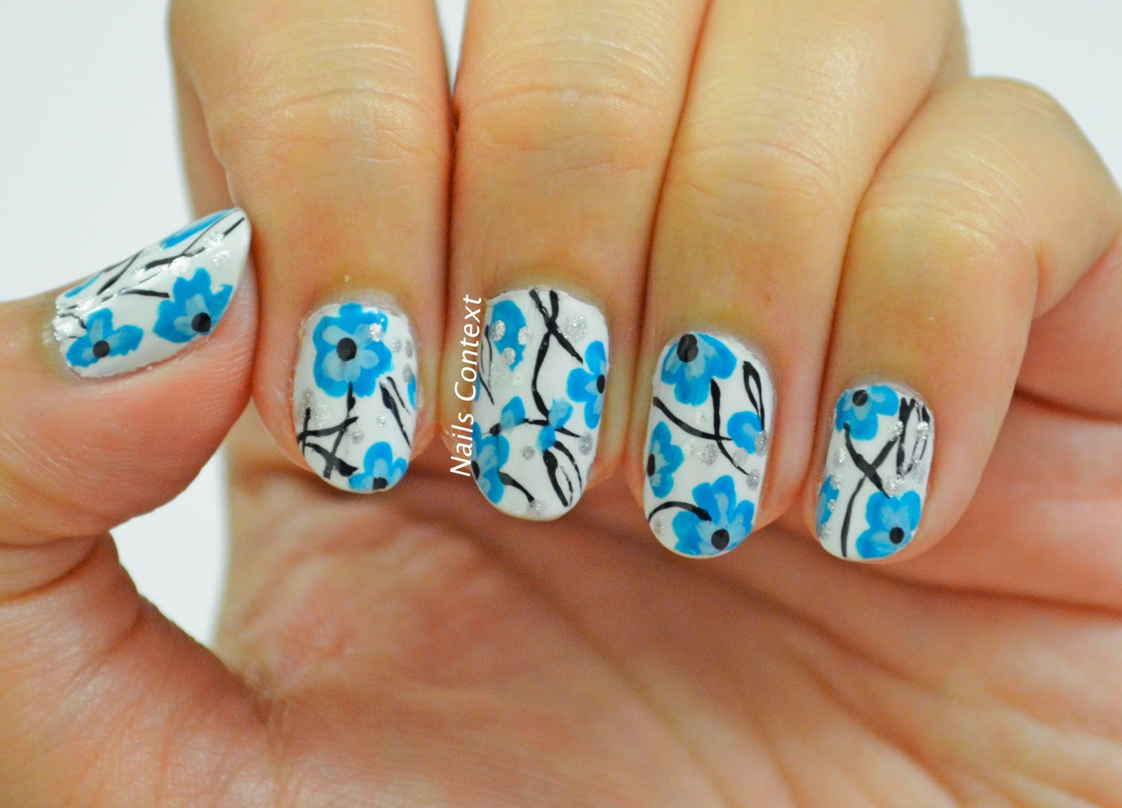 Nails Context: Floral Blue Nail Art