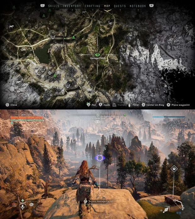 Horizon Zero Dawn localização dos pontos de vantagem