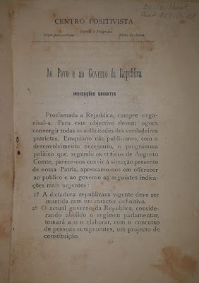 Ao povo e ao governo da República Manifesto do Apostolado Positivista do Brasil, assinado por Miguel Lemos. 21 de Novembro de 1889.
