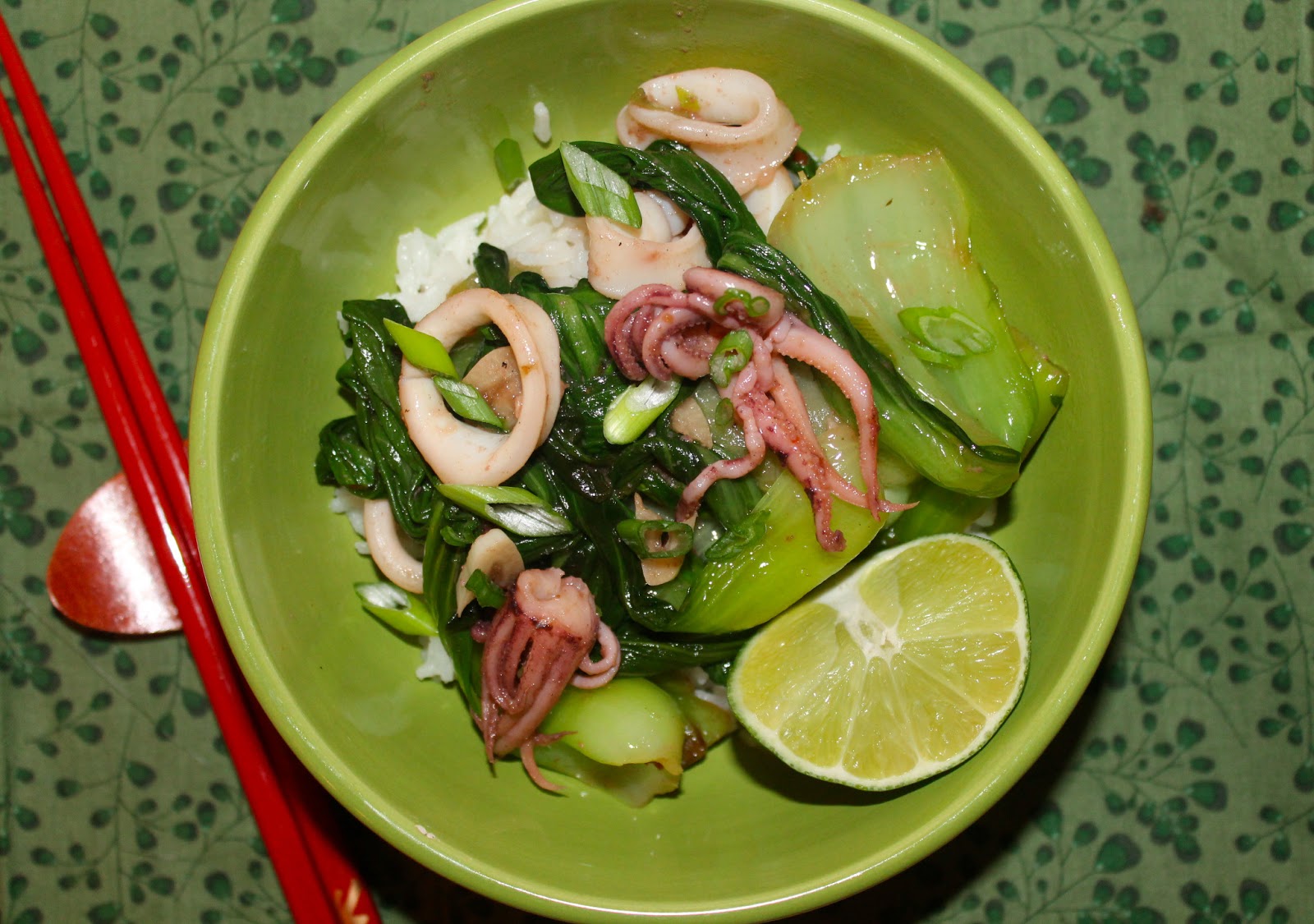 Savory Moments Stirfried squid and baby bok choy