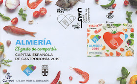 Sobre, PDC, filatelia, matasellos, sello, gastronomía, 2019, capital, Almería
