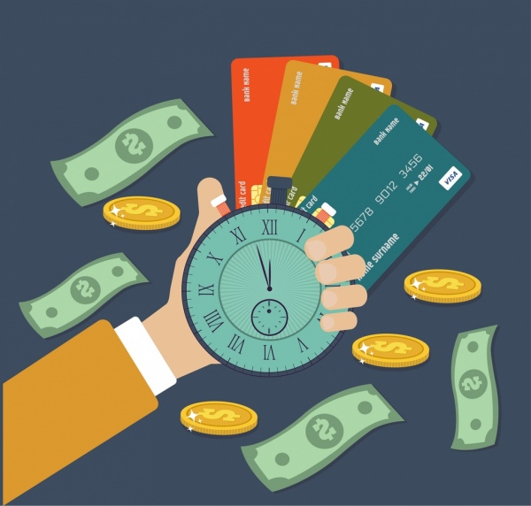Credit card advertising hand holding clock money icons Free vector