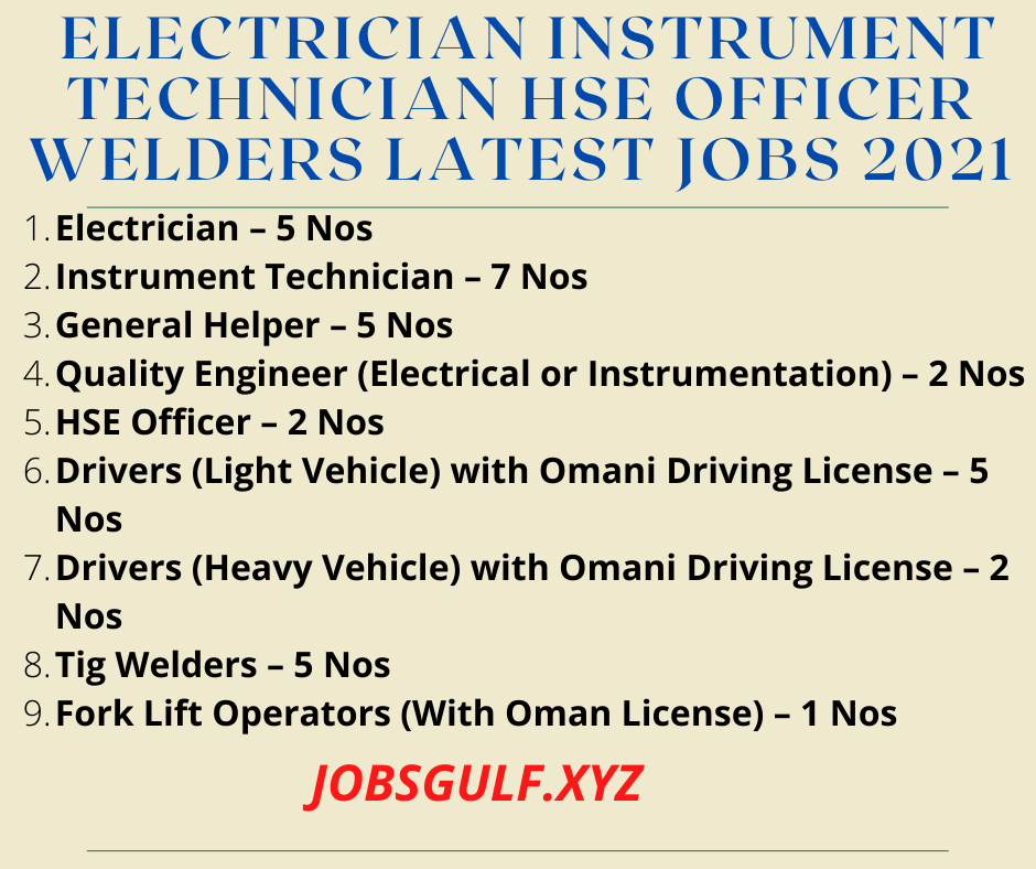  Electrician Instrument Technician  HSE Officer Welders Latest Jobs 2021
