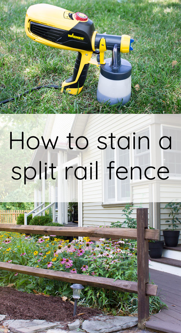 Paint sprayer with oil based stain. Split rail fence and garden.