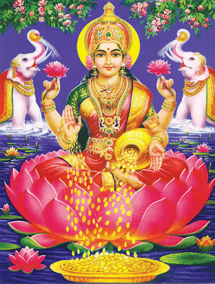 picture of Goddess Lakshmi in Red Saree seated on a lotus