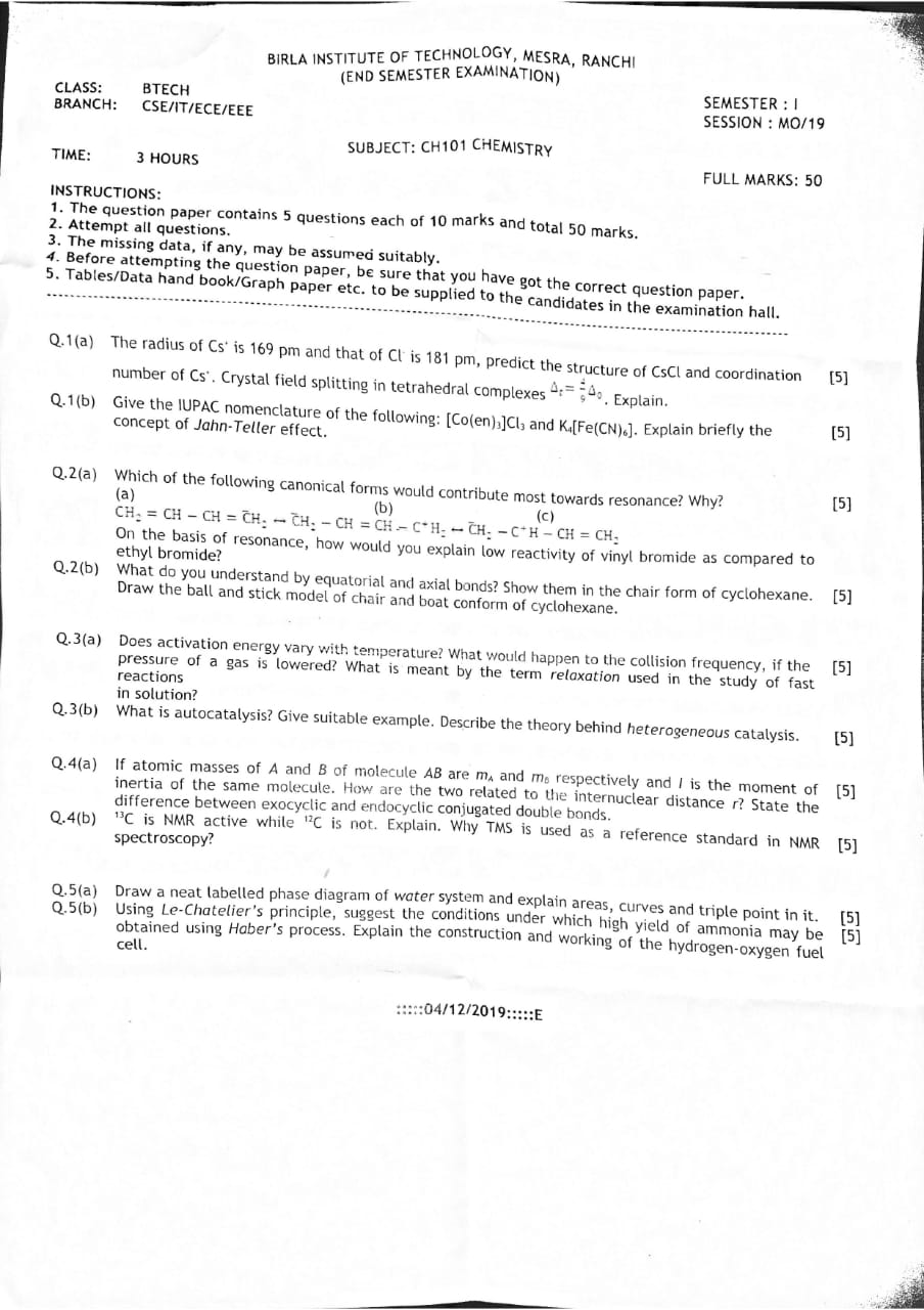 CH101 Chemistry bit mesra BTECH 1st year question paper