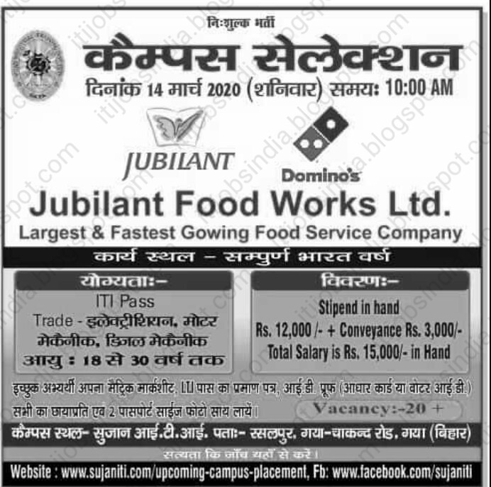 आईटीआई जॉब्स कैंपस प्लेसमेंट गया बिहार में कंपनी  Jubilant Food Works Ltd.
