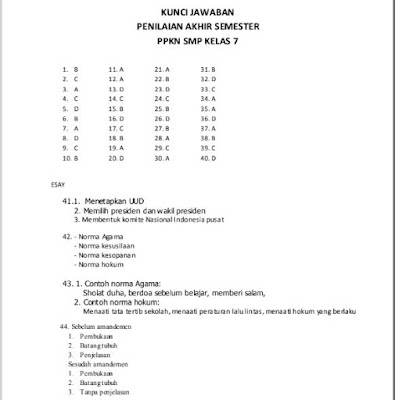 Soal Pkn Smp Kelas 7 Semester 1 Dan Kunci Jawaban Guru Paud