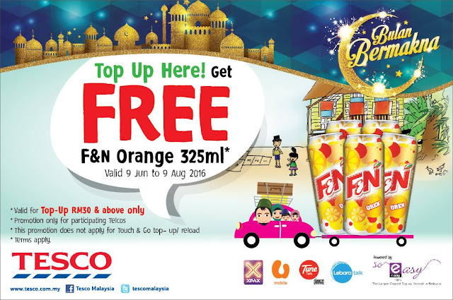 Tesco Malaysia Free F&N Orange Can RM30 Minimum Mobile Top Up