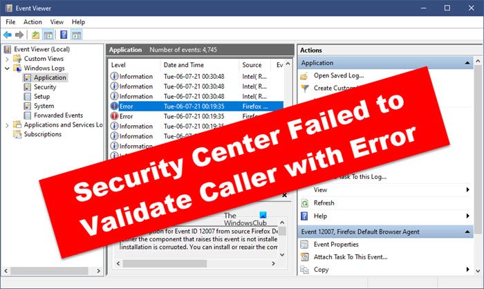Security Center Failed to Validate Caller with Error