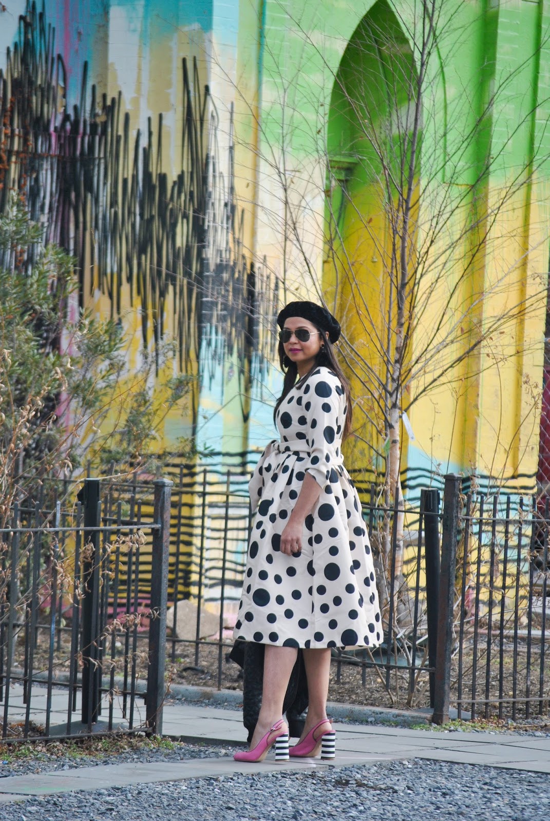 how to wear polka dots in winter, print on print, textured, fashion, street style, leather jacket, pink stripe heels, get out of a fashion rut, street style, beret style, myriad musings, Dainty Jewells polka dot midi dress how to wear polka dots in winter, print on print, textured, fashion, street style, leather jacket, pink stripe heels, get out of a fashion rut, street style, beret style, myriad musings, Dainty Jewells polka dot midi dress