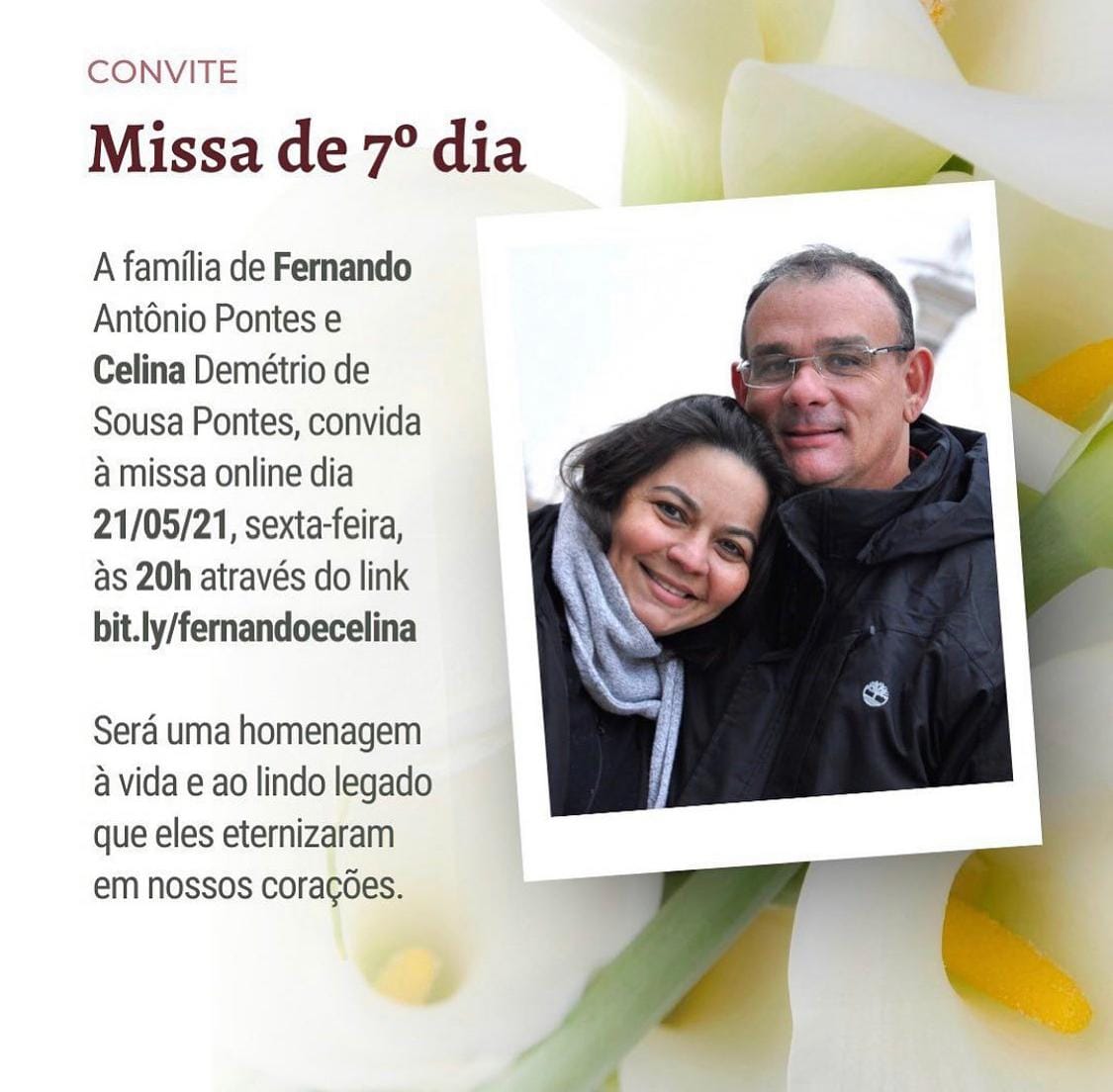 Missa de 7º Dia de Fernando e Celina Pontes será hoje