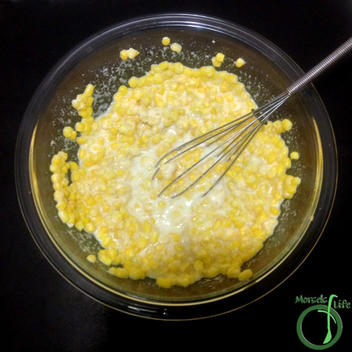 Morsels of Life - Corn Fritters Step 2 - Whisk egg until fluffy, then add in corn and milk.
