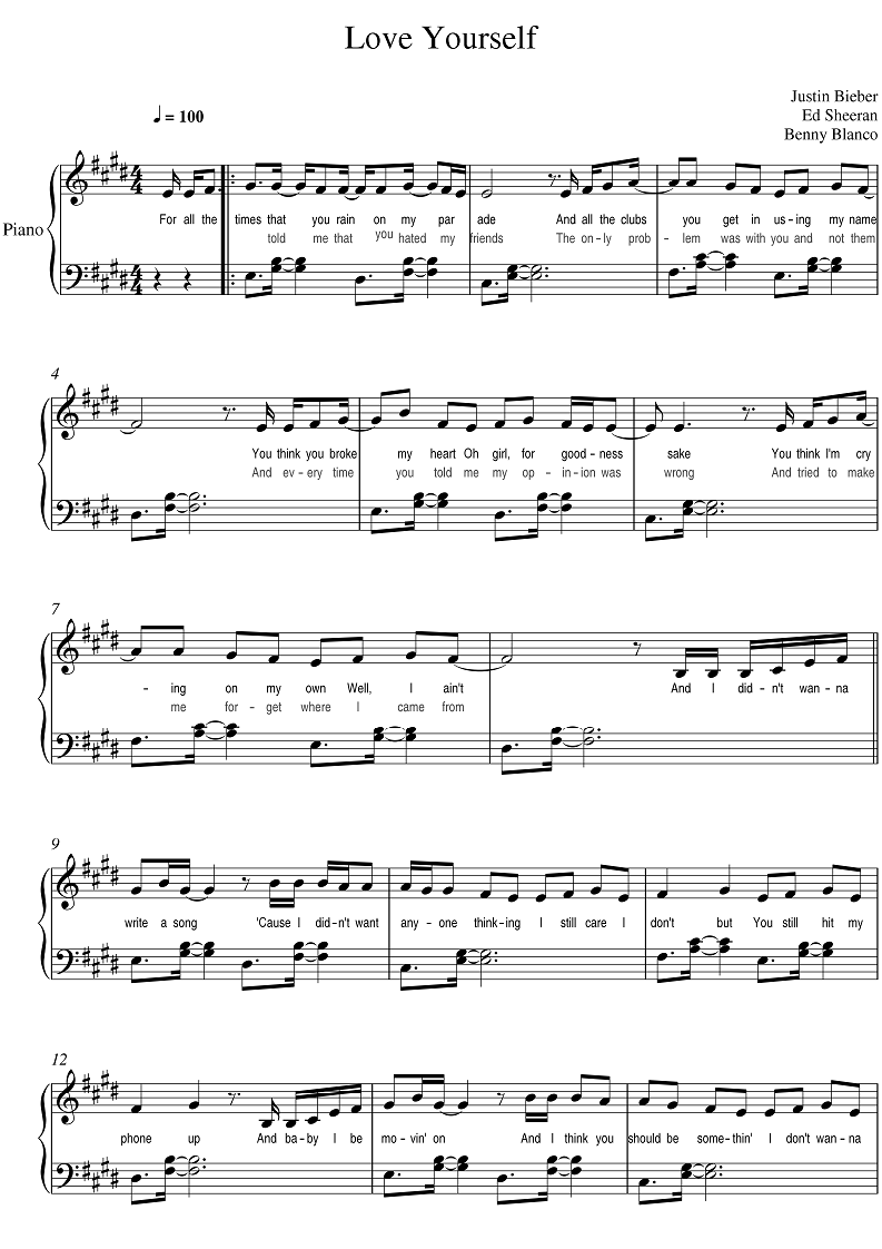 Partituras Musicais: Love Yourself - Justin Bieber - Piano - n.º 1587