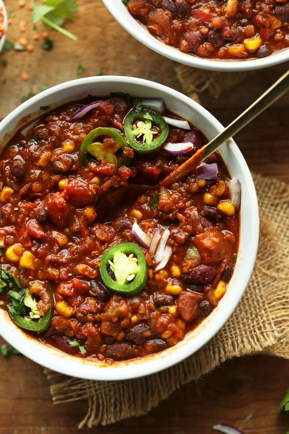 AMAZING Red Lentil CHILI with black beans and corn. Hearty, thick, rich and filling! 