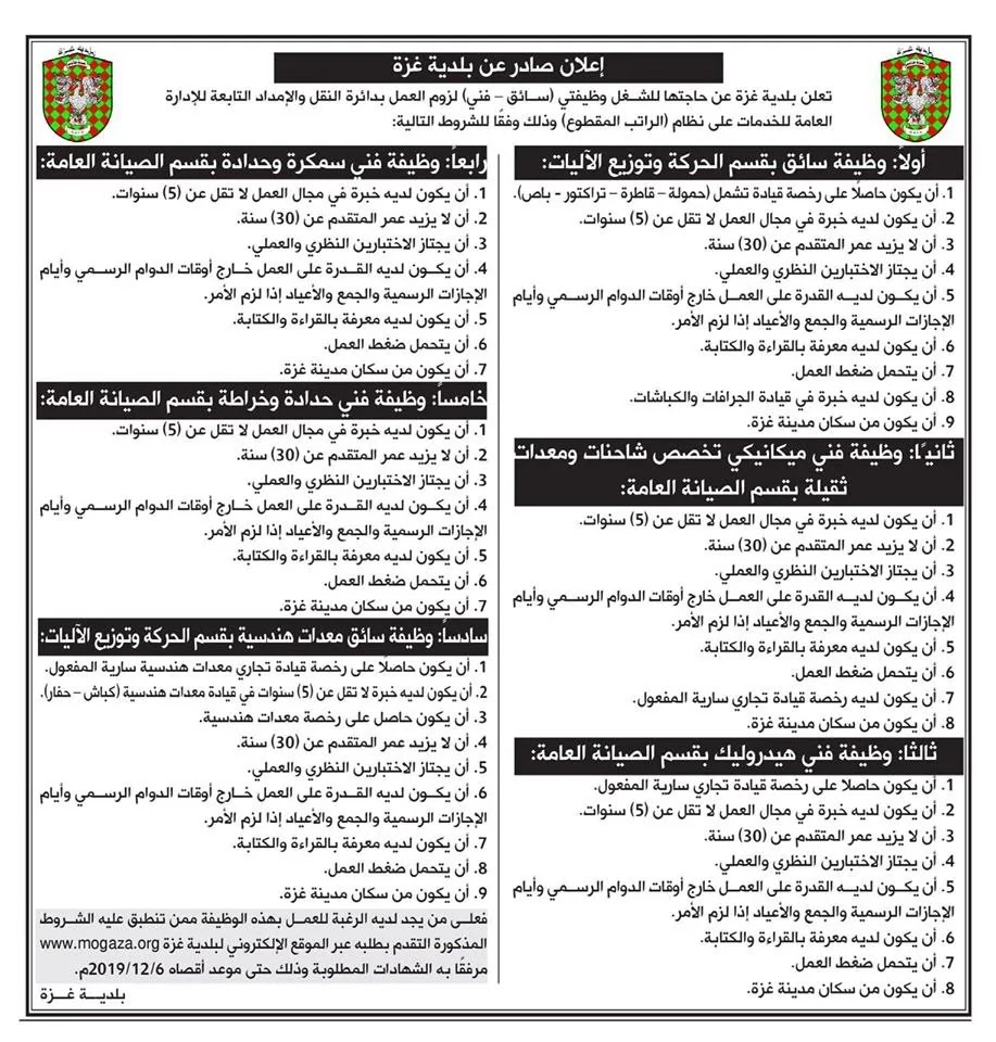بلدية غزة تعلن عن وظائف شاغرة للسائقين وعمال فنيين في البلدية موقع المتقدمون
