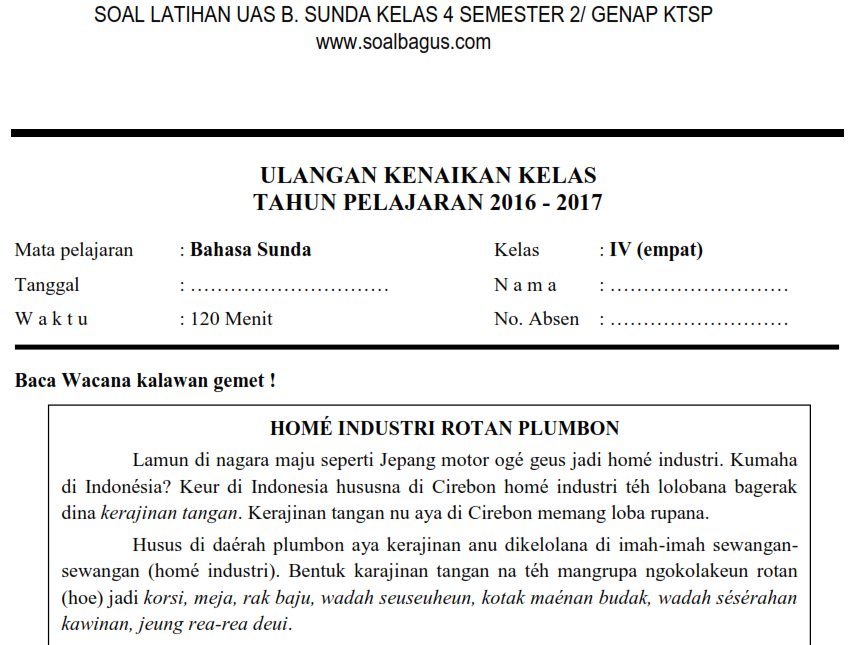 16++ Soal pat bahasa sunda kelas 4 semester 2 kurikulum 2013 revisi 2017 dan ideas in 2021