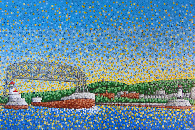 The Next Adventure by Duluth MN artist Aaron Kloss The Next Adventure by Duluth MN artist Aaron Kloss, painting of an ore boat, painting of duluth mn, lakeside gallery duluth, aaron kloss, pointilism