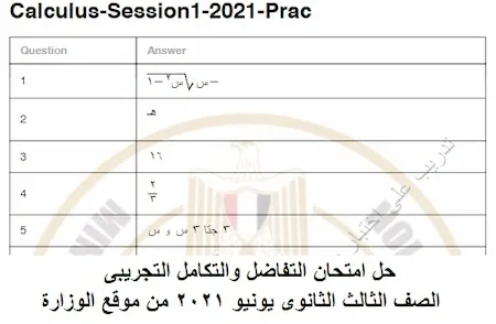 حل امتحان التفاضل والتكامل التجريبى الصف الثالث الثانوى يونيو ٢٠٢١ من موقع الوزارة