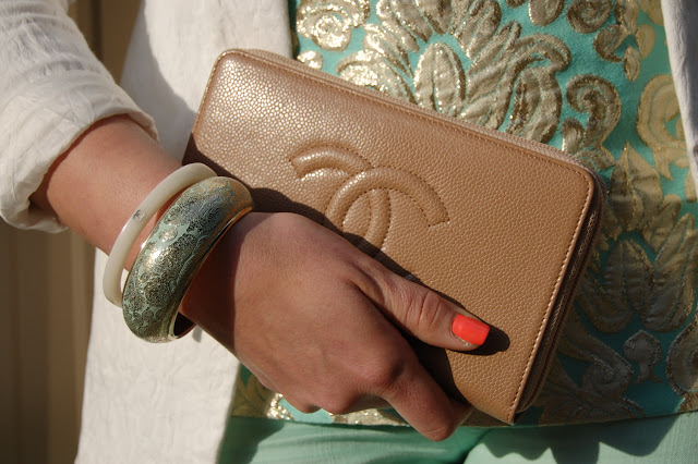 J.Crew gilded jacquard top, Zara blazer, Mint Forever 21 jeans, Expressions pumps, Chanel caviar wallet 