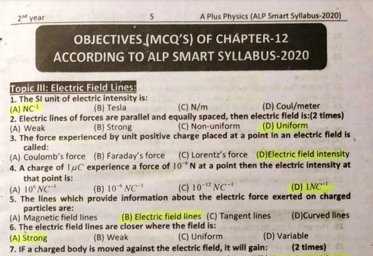 2nd Year (12th class) Physics Solved Past Papers ALP Smart Syllabus 2021 pdf