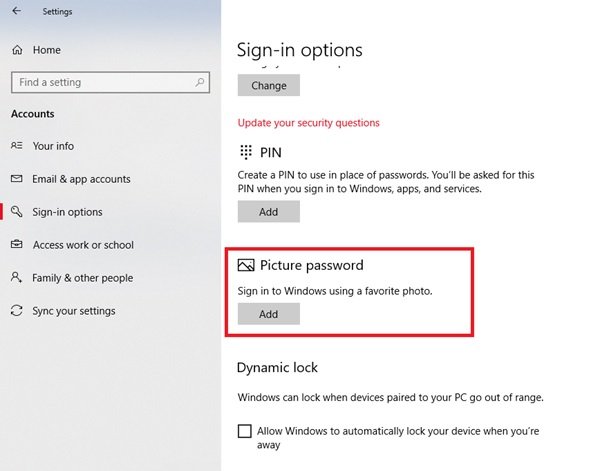 Mot de passe image dans Windows 10