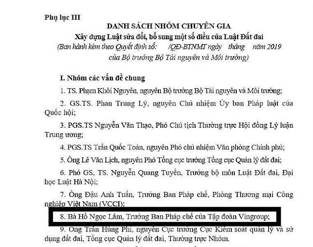 Bộ TNMT cho phép duy nhất luật sư của trùm BĐS Vingroup tham gia sửa đổi luật đất đai