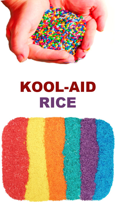 Make play rice for kids using Kool-aid! Easy recipe and less messy than sand. #koolaiddyedrice #riceforkids #howtodyerice #ricerecipes #growingajeweledrose #activitiesforkids