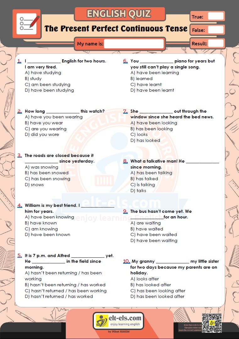 Present Perfect Continuous Tense Multiple Choice Tests Www elt els