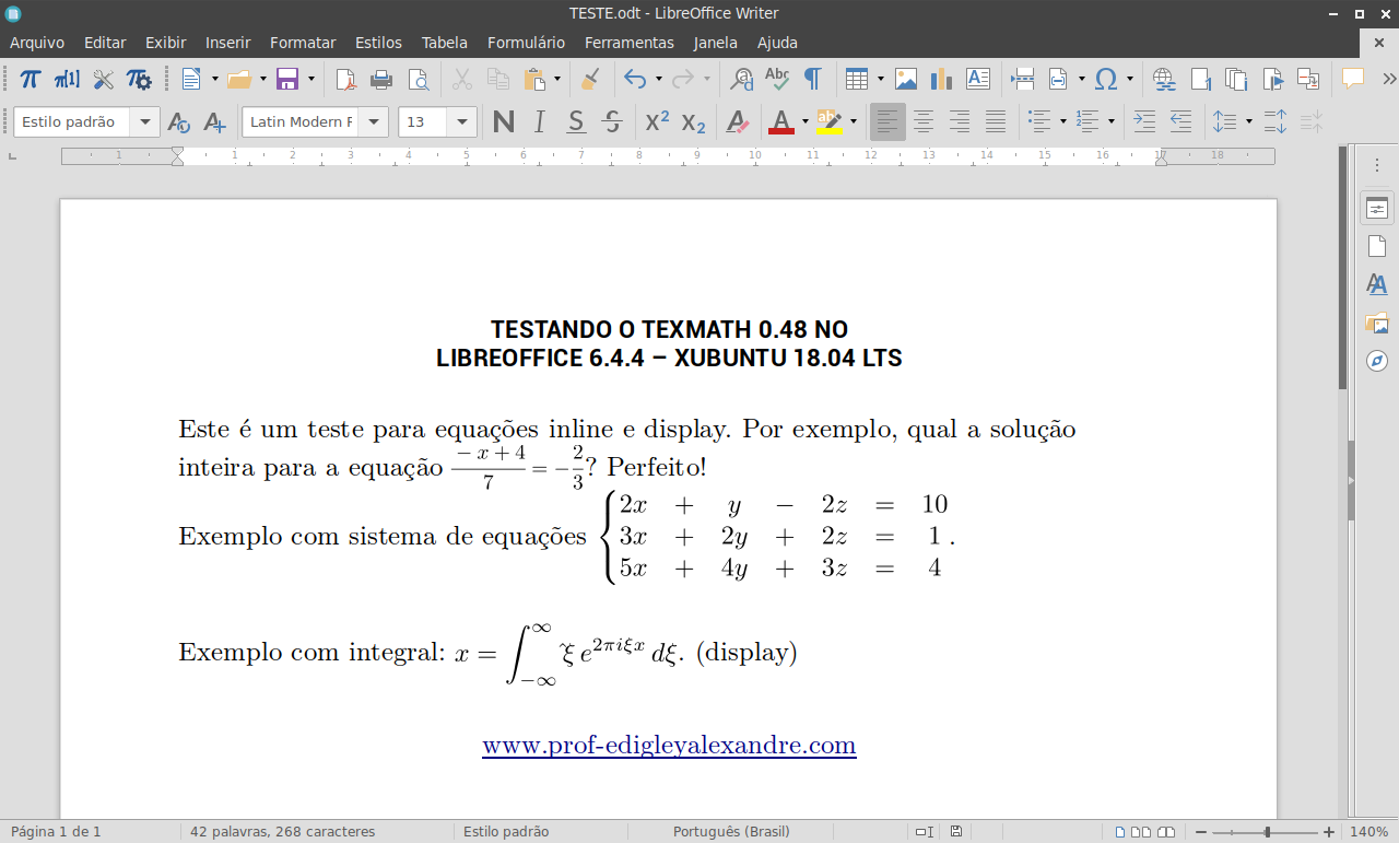 Como escrever em Latex no LibreOffice 6.4.4 usando o TexMath 0.48 no Ubuntu e seus derivados Como escrever em Latex no LibreOffice 6.4.4 usando o TexMath 0.48 no Ubuntu e seus derivados