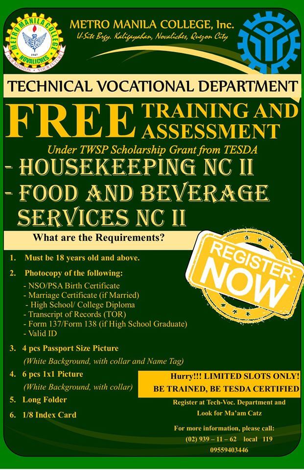 Housekeeping & FBS NCII under TWSP TESDA FREE TRINING & ASSESSMENT