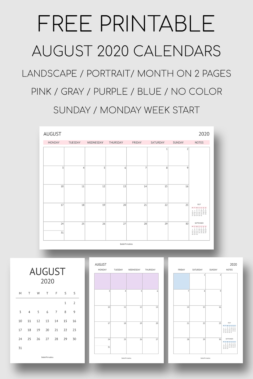 Printable August 2020 Calendars