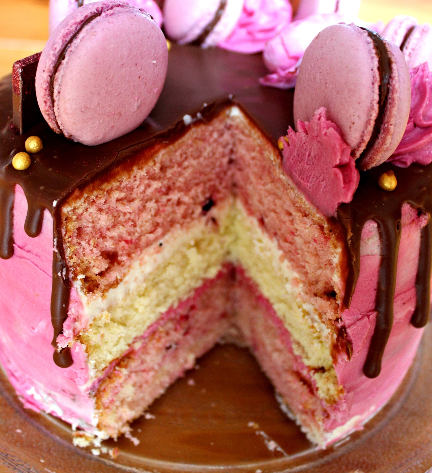 Pink Macaron Chocolate Ganache Drip Cake