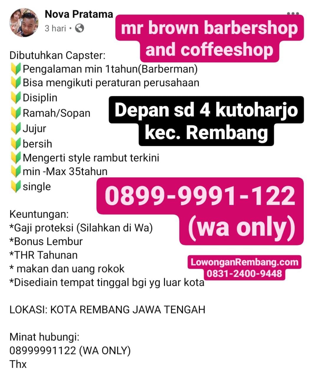 Gratis Lamar Lowongan Kerja Barberman Mr Brown Barbershop And Coffeeshop Tanpa Syarat Pendidikan Umur Dapat Gaji Bonus Thr Uang Makan Uang Rokok Mess Lowongan Rembang