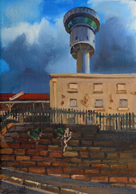 Plein air oil painting of the Harbour Control Tower from Dalgety road Millers Point painted by Jane Bennett