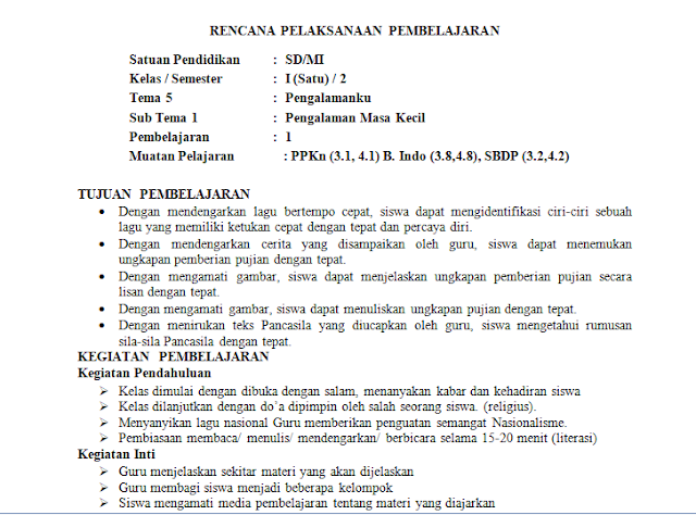 RPP 1 Lembar Kelas 1 SD/MI Tema 6: Lingkungan Bersih Sehat dan Asri