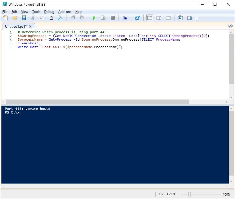 Determine which process is using a specific port using PowerShell.