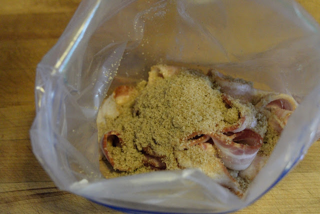 Brown sugar and bacon in a resealable bag. 