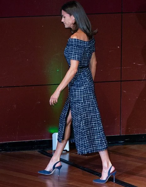 Queen Letizia wore Zara tweed dress with gem buttons and Carolina Herrera High heel slingback blue pumps