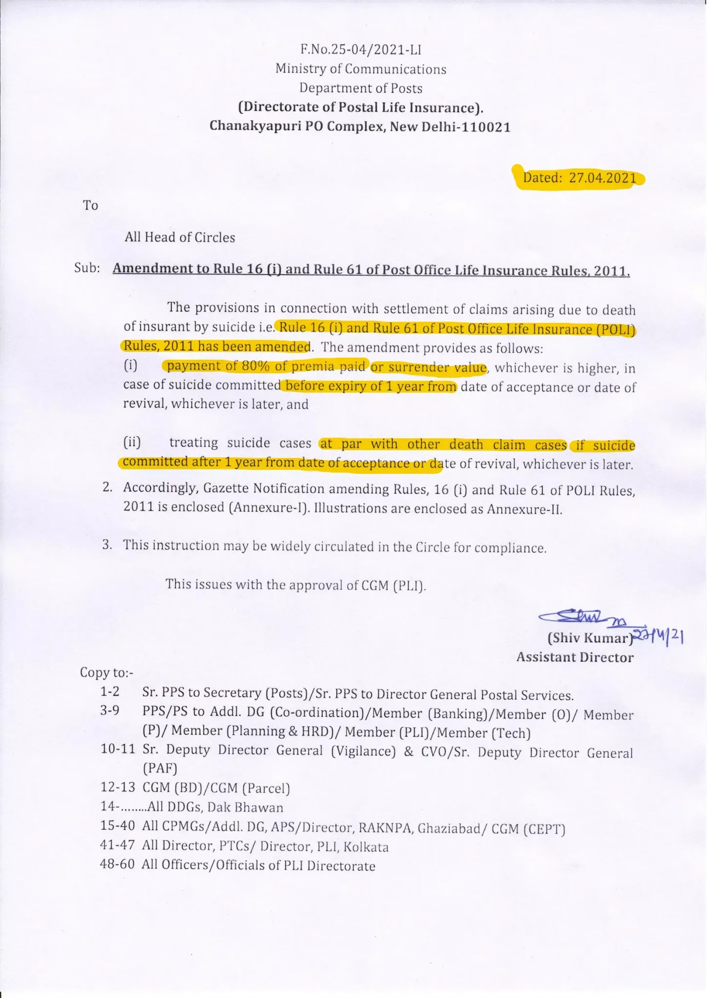 Amendments to Rule16 (i) and Rule 61 of Post Office Life